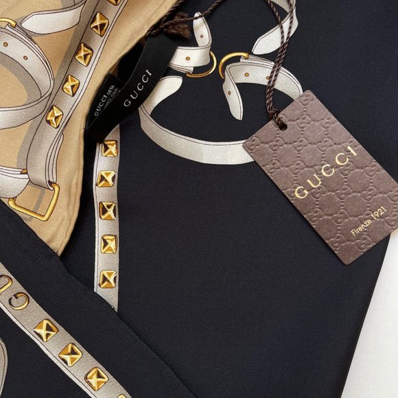 Gucci Logo Chains Color-Block Black Beige Silk Scarf with Gucci Gift Box - Picture 9 of 13